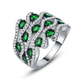 925 Silver Plated Stylish Green Cubic Zirconia Diamond Ring, FB16FA1102